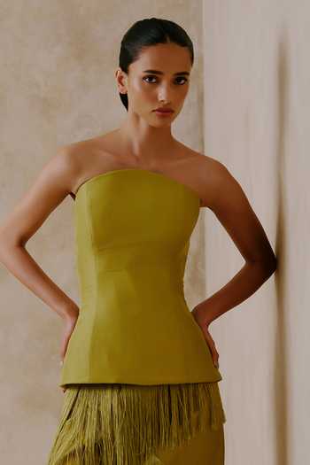 Nirmooha_Olive Green Taffeta Bandeau Neck Motion Corset Top And Fringed A-line Skirt _Online_at_Aza_Fashions