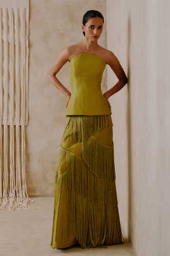 Buy_Nirmooha_Olive Green Taffeta Bandeau Neck Motion Corset Top And Fringed A-line Skirt _Online_at_Aza_Fashions