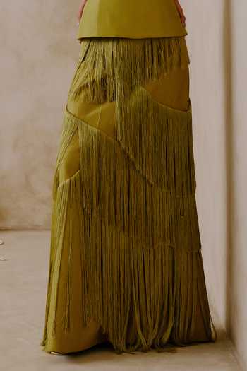 Shop_Nirmooha_Olive Green Taffeta Bandeau Neck Motion Corset Top And Fringed A-line Skirt _Online_at_Aza_Fashions