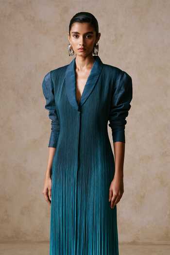 Nirmooha_Blue Taffeta Shawl Neck Nightsky Ombre Corded Blazer Dress _Online_at_Aza_Fashions