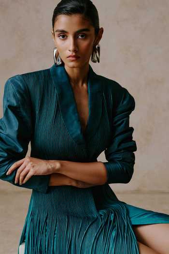 Buy_Nirmooha_Blue Taffeta Shawl Neck Nightsky Ombre Corded Blazer Dress _Online_at_Aza_Fashions