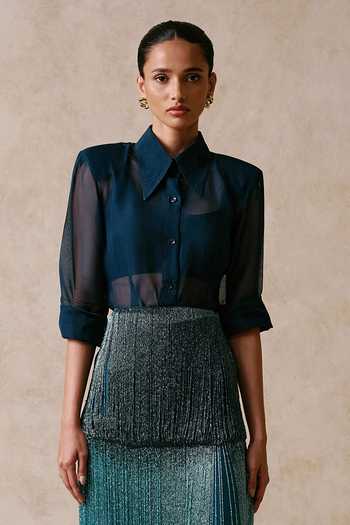 Nirmooha_Blue Organza, Satin Collared Cove Shirt With Tiered Fringe Embroidered Skirt _Online_at_Aza_Fashions