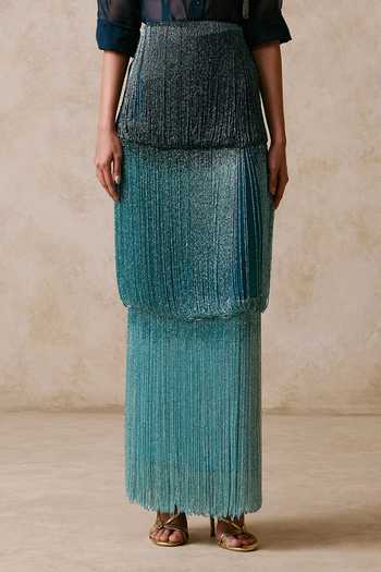 Buy_Nirmooha_Blue Organza, Satin Collared Cove Shirt With Tiered Fringe Embroidered Skirt _Online_at_Aza_Fashions
