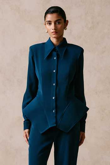 Nirmooha Blue Collared Neck Anomaly Armani Shirt And Bell-bottom Trouser Set Online at Aza Fashions Nirmooha_Blue Collared Neck Anomaly Armani Shirt And Bell-bottom Trouser Set _Online_at_Aza_Fashions