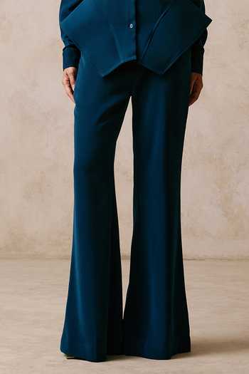 Buy Nirmooha Blue Collared Neck Anomaly Armani Shirt And Bell-bottom Trouser Set Online at Aza Fashions Buy_Nirmooha_Blue Collared Neck Anomaly Armani Shirt And Bell-bottom Trouser Set _Online_at_Aza_Fashions