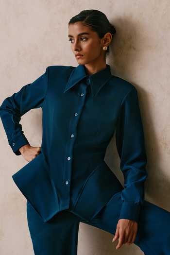 Shop Nirmooha Blue Collared Neck Anomaly Armani Shirt And Bell-bottom Trouser Set Online at Aza Fashions Shop_Nirmooha_Blue Collared Neck Anomaly Armani Shirt And Bell-bottom Trouser Set _Online_at_Aza_Fashions
