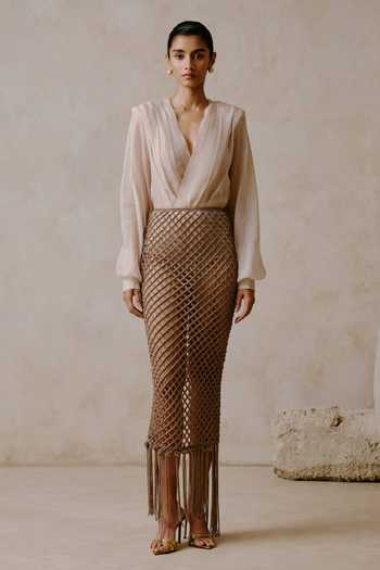 Nirmooha Interlace Draped Blouse & Textured Mesh Skirt Set 