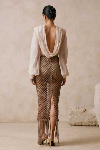 Nirmooha Interlace Draped Blouse & Textured Mesh Skirt Set 
