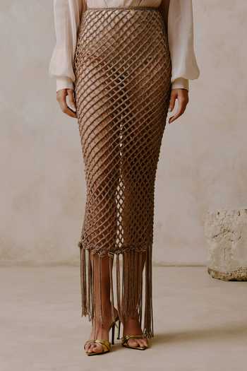 Nirmooha Ivory Organza, Net V-neck Interlace Draped Blouse And Textured Mesh Skirt Set Online at Aza Fashions Nirmooha_Ivory Organza, Net V-neck Interlace Draped Blouse And Textured Mesh Skirt Set _Online_at_Aza_Fashions