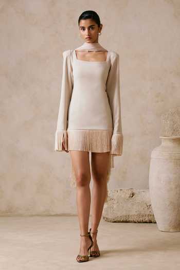 Nirmooha Armani Fray Fringed Dress With Neck Drape 