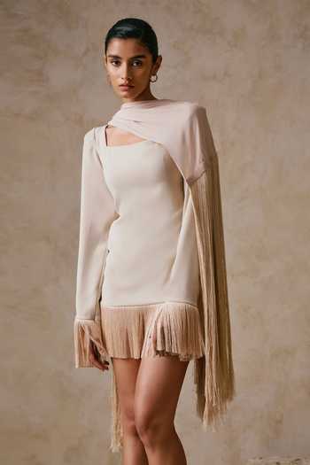 Nirmooha Armani Fray Fringed Dress With Neck Drape 