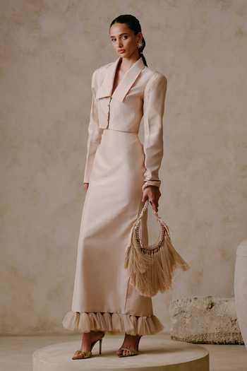 Buy Nirmooha Ivory Taffeta Notched Neck Split Cropped Jacket With Column Skirt Online at Aza Fashions Buy_Nirmooha_Ivory Taffeta Notched Neck Split Cropped Jacket With Column Skirt _Online_at_Aza_Fashions