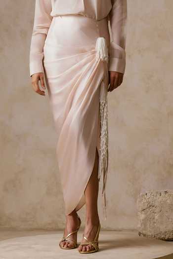 Nirmooha Ivory Organza, Satin Collared Oscillate Fluid Shirt With Draped Asymmetric Skirt Online at Aza Fashions Nirmooha_Ivory Organza, Satin Collared Oscillate Fluid Shirt With Draped Asymmetric Skirt _Online_at_Aza_Fashions