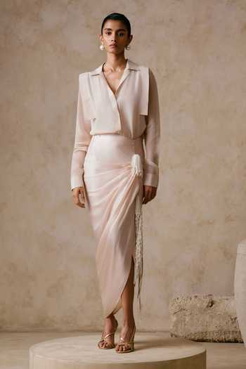 Shop Nirmooha Ivory Organza, Satin Collared Oscillate Fluid Shirt With Draped Asymmetric Skirt Online at Aza Fashions Shop_Nirmooha_Ivory Organza, Satin Collared Oscillate Fluid Shirt With Draped Asymmetric Skirt _Online_at_Aza_Fashions