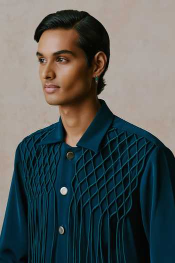 Shop Nirmooha Blue Entwine Shacket And Trouser Set Online at Aza Fashions Shop_Nirmooha_Blue Entwine Shacket And Trouser Set _Online_at_Aza_Fashions