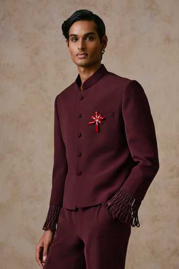 Nirmooha Burgundy Fringe Nocturne Cherry Plum Bandhgala Set Online at Aza Fashions Nirmooha_Burgundy Fringe Nocturne Cherry Plum Bandhgala Set _Online_at_Aza_Fashions