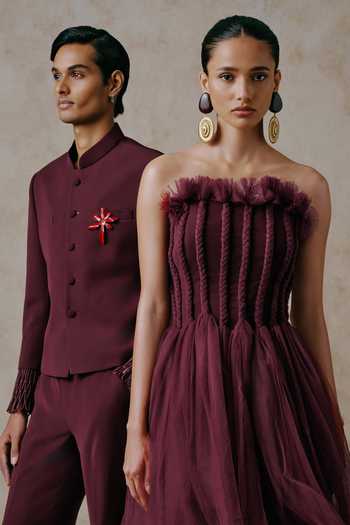 Nirmooha Burgundy Fringe Nocturne Cherry Plum Bandhgala Set at Aza Fashions Nirmooha_Burgundy Fringe Nocturne Cherry Plum Bandhgala Set _at_Aza_Fashions
