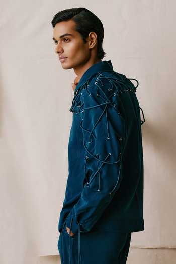 Nirmooha Blue Interstice Bomber Jacket And Trouser Set Online at Aza Fashions Nirmooha_Blue Interstice Bomber Jacket And Trouser Set _Online_at_Aza_Fashions