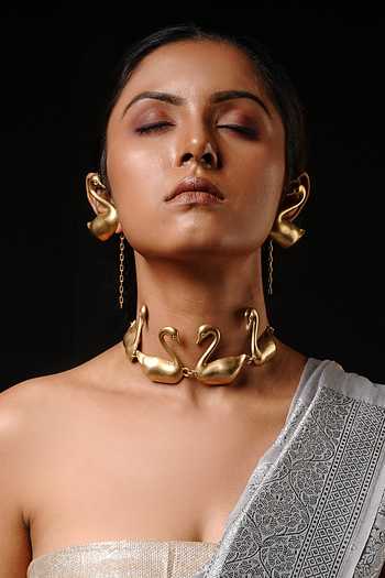 Anki Bunki Aditi_Gold Plated Big Duck Shaped Earrings _at_Aza_Fashions