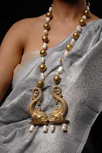 Anki Bunki Aditi Gold Plated Makar Long Pendant Necklace With Ear Cuffs Online at Aza Fashions Anki Bunki Aditi_Gold Plated Makar Long Pendant Necklace With Ear Cuffs _Online_at_Aza_Fashions