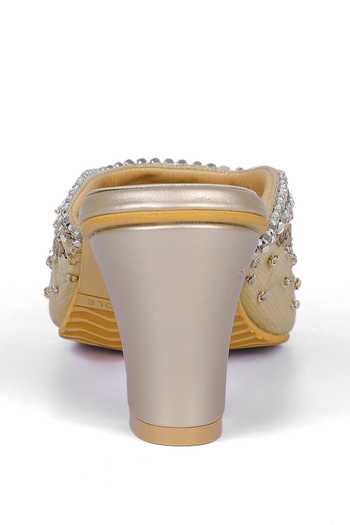 Fuchsia by aashaka mehta_Gold Embellished Silk Mule Heels _Online_at_Aza_Fashions
