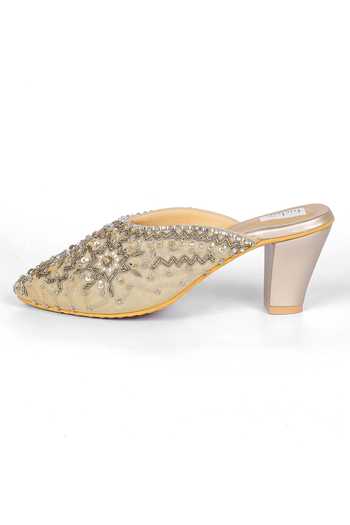Buy_Fuchsia by aashaka mehta_Gold Embellished Silk Mule Heels _Online_at_Aza_Fashions