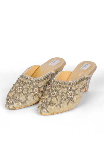 Shop_Fuchsia by aashaka mehta_Gold Embellished Silk Mule Heels _Online_at_Aza_Fashions