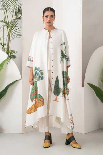 Shop Haute Mess Ivory Silk, Chanderi Mandarin Collar Kaftan Set Online at Aza Fashions Shop_Haute Mess_Ivory Silk, Chanderi Mandarin Collar Kaftan Set _Online_at_Aza_Fashions
