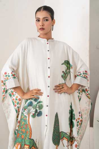 Shop Haute Mess Ivory Silk, Chanderi Mandarin Collar Kaftan Set Shop_Haute Mess_Ivory Silk, Chanderi Mandarin Collar Kaftan Set