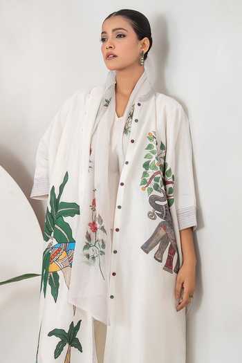 Buy Haute Mess Ivory Silk, Chanderi Mandarin Collar Elephant And Tropical Foliage Kaftan Set Online at Aza Fashions Buy_Haute Mess_Ivory Silk, Chanderi Mandarin Collar Elephant And Tropical Foliage Kaftan Set _Online_at_Aza_Fashions