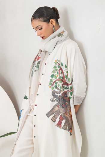 Shop Haute Mess Ivory Silk, Chanderi Mandarin Collar Elephant And Tropical Foliage Kaftan Set Online at Aza Fashions Shop_Haute Mess_Ivory Silk, Chanderi Mandarin Collar Elephant And Tropical Foliage Kaftan Set _Online_at_Aza_Fashions