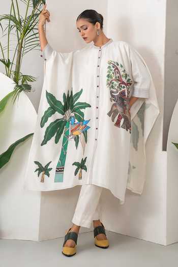 Haute Mess Ivory Silk, Chanderi Mandarin Collar Elephant And Tropical Foliage Kaftan Set at Aza Fashions Haute Mess_Ivory Silk, Chanderi Mandarin Collar Elephant And Tropical Foliage Kaftan Set _at_Aza_Fashions