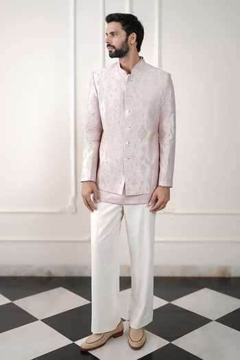Jorah Men Peach Embroidered Bandhgala Set 