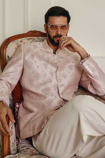 Jorah Men Pink Raw Silk, Crepe Peach Embroidered Bandhgala Set Online at Aza Fashions Jorah Men_Pink Raw Silk, Crepe Peach Embroidered Bandhgala Set _Online_at_Aza_Fashions