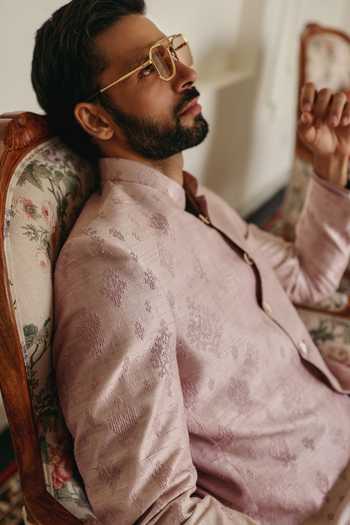 Buy Jorah Men Pink Raw Silk, Crepe Peach Embroidered Bandhgala Set Online at Aza Fashions Buy_Jorah Men_Pink Raw Silk, Crepe Peach Embroidered Bandhgala Set _Online_at_Aza_Fashions