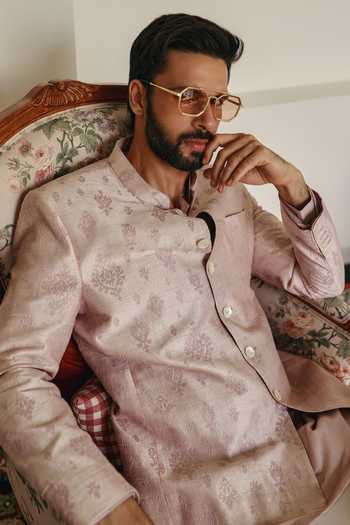 Shop Jorah Men Pink Raw Silk, Crepe Peach Embroidered Bandhgala Set Online at Aza Fashions Shop_Jorah Men_Pink Raw Silk, Crepe Peach Embroidered Bandhgala Set _Online_at_Aza_Fashions