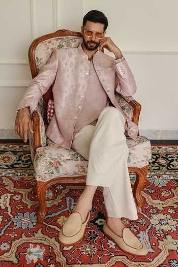 Jorah Men Peach Embroidered Bandhgala Set 