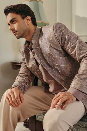 Jorah Men Grey , Crepe, Raw Embroidery Floral Bandhgala Set Online at Aza Fashions Jorah Men_Grey , Crepe, Raw Embroidery Floral Bandhgala Set _Online_at_Aza_Fashions
