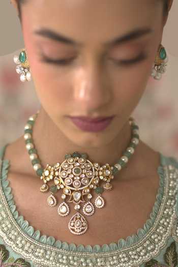 Kaari Green Polki Embellished Necklace And Earring Set Online at Aza Fashions Kaari_Green Polki Embellished Necklace And Earring Set _Online_at_Aza_Fashions