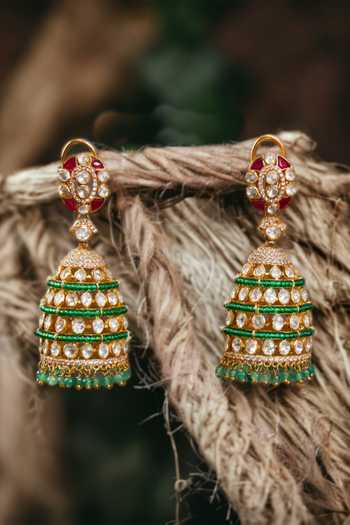 Kaari Green Polki Embellished Jhumka Earrings Online at Aza Fashions Kaari_Green Polki Embellished Jhumka Earrings _Online_at_Aza_Fashions