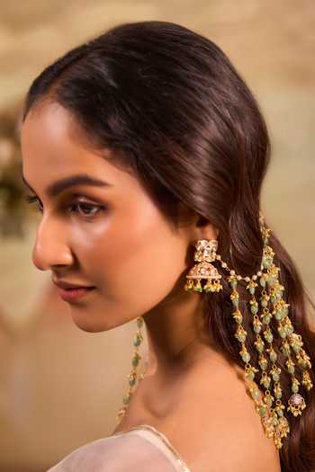 Xago_Green Stone Embellished Jhumkas _Online_at_Aza_Fashions