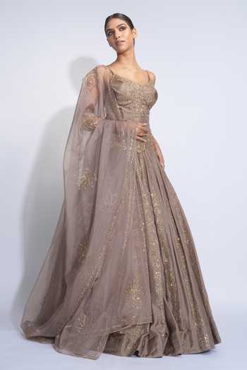 Shruti S_Gold Silk, Organza Sequins Sweetheart Neck Embroidered Corset Lehenga Set _Online_at_Aza_Fashions