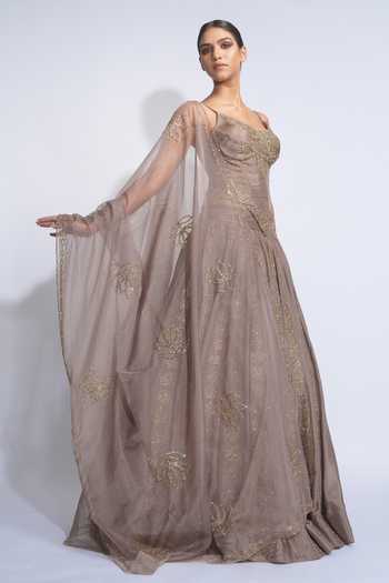 Shop_Shruti S_Gold Silk, Organza Sequins Sweetheart Neck Embroidered Corset Lehenga Set _Online_at_Aza_Fashions