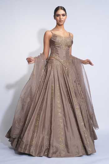 Shruti S_Gold Silk, Organza Sequins Sweetheart Neck Embroidered Corset Lehenga Set _at_Aza_Fashions