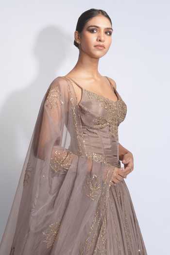 Buy_Shruti S_Gold Silk, Organza Sequins Sweetheart Neck Embroidered Corset Lehenga Set 