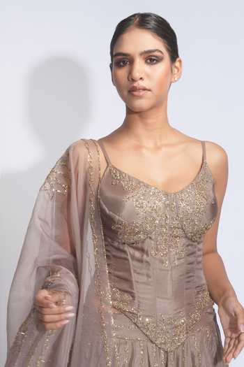 Shop_Shruti S_Gold Silk, Organza Sequins Sweetheart Neck Embroidered Corset Lehenga Set 