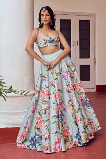 Shop_Irrau By Samir Mantri_Blue Dupion, Organza Square Neck Chikki Floral Print Lehenga Set 