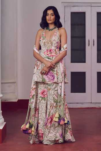 Irrau By Samir Mantri Mimi Floral Print Peplum Kurta Sharara Set