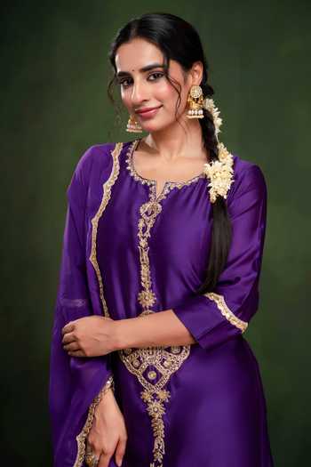 Buy_Gulabik Jaipur_Purple Chanderi Split V-neck Handloom Embroidered Kurta Gharara Set _Online_at_Aza_Fashions