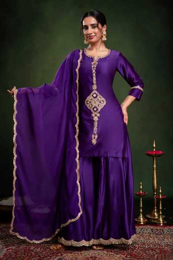 Shop_Gulabik Jaipur_Purple Chanderi Split V-neck Handloom Embroidered Kurta Gharara Set _Online_at_Aza_Fashions